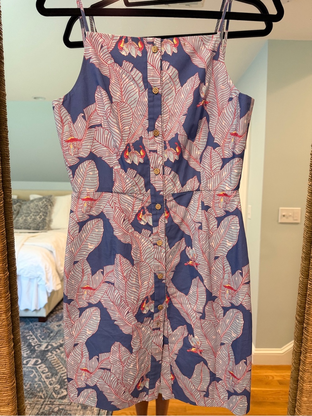 Coco Shop Dress XS Blue Tropical-Leaf Button-Front Sundress